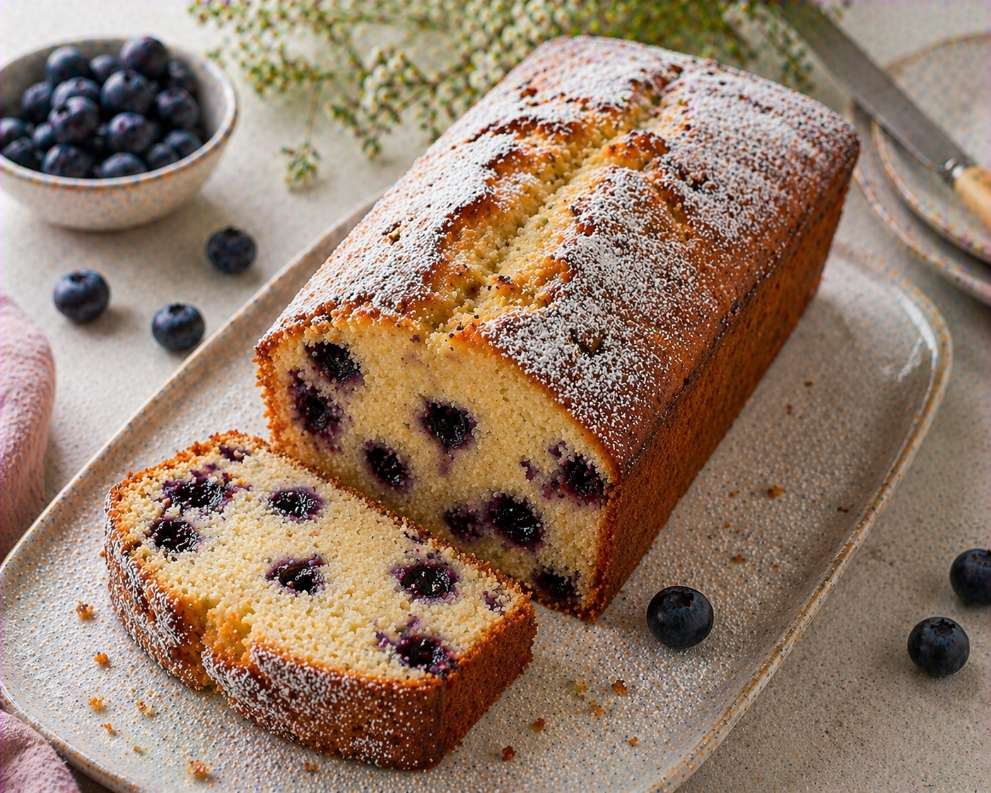 Goldbrauner Blaubeer-Kastenkuchen mit Blaubeeren in heller Krume im Anschnitt und fein gesiebtem Puderzucker