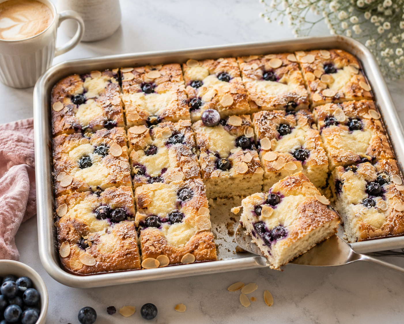 Goldbrauner Blaubeer-Mandel-Wolkenkuchen vom Blech mit hellen Quarkwolken, Blaubeeren, Mandelblättchen und Puderzucker