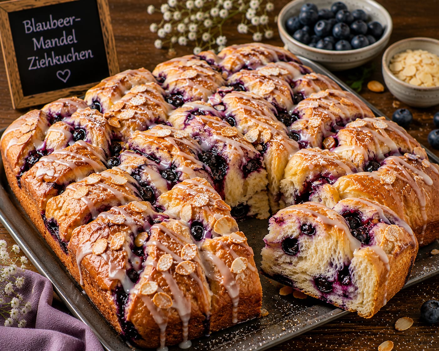Goldbrauner Blaubeer-Mandel-Ziehkuchen mit lockeren Hefeteiglagen, sichtbaren Blaubeeren, Mandelblättchen und feiner Zitronenglasur