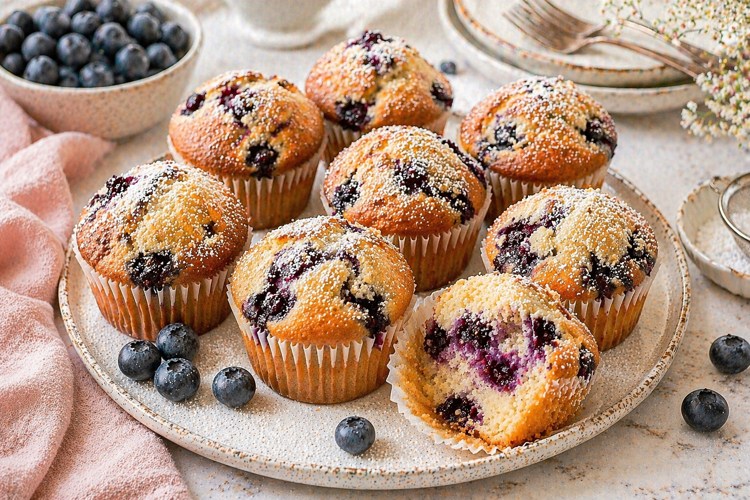 Goldbraune Blaubeer-Muffins mit sichtbaren Blaubeeren, feinem Puderzucker und hellem Anschnitt