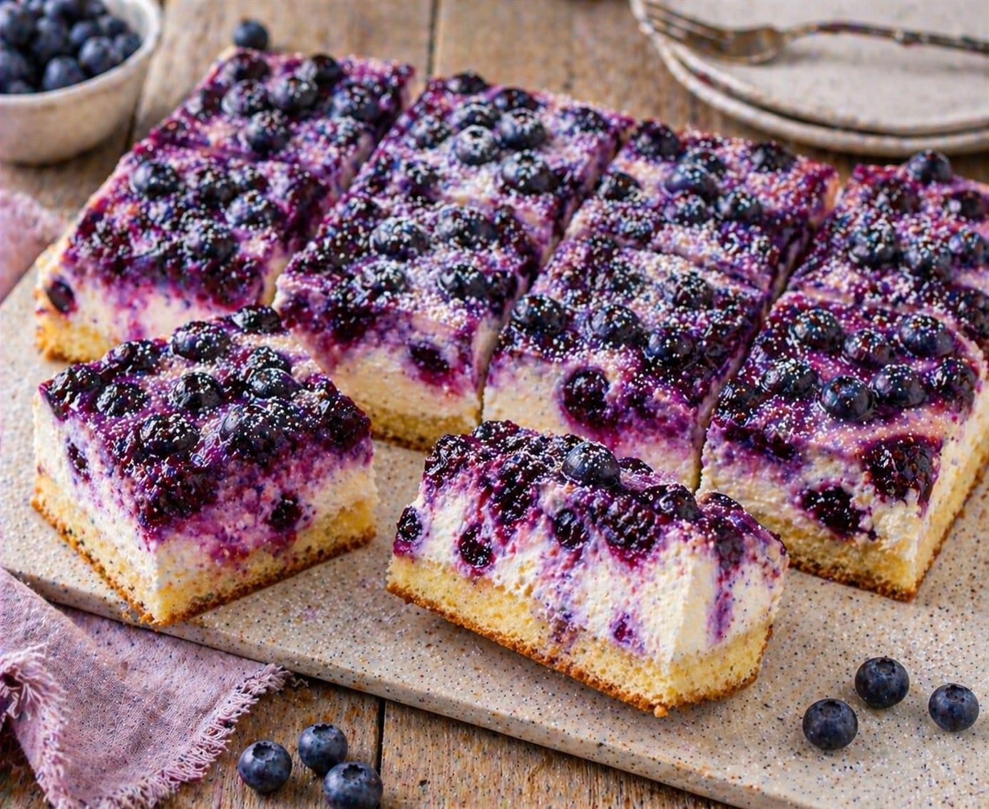 Blaubeer-Quark-Cheesecake-Schnitten mit hellem Boden, cremiger Quarkschicht, Blaubeerkompott und feinem Puderzucker