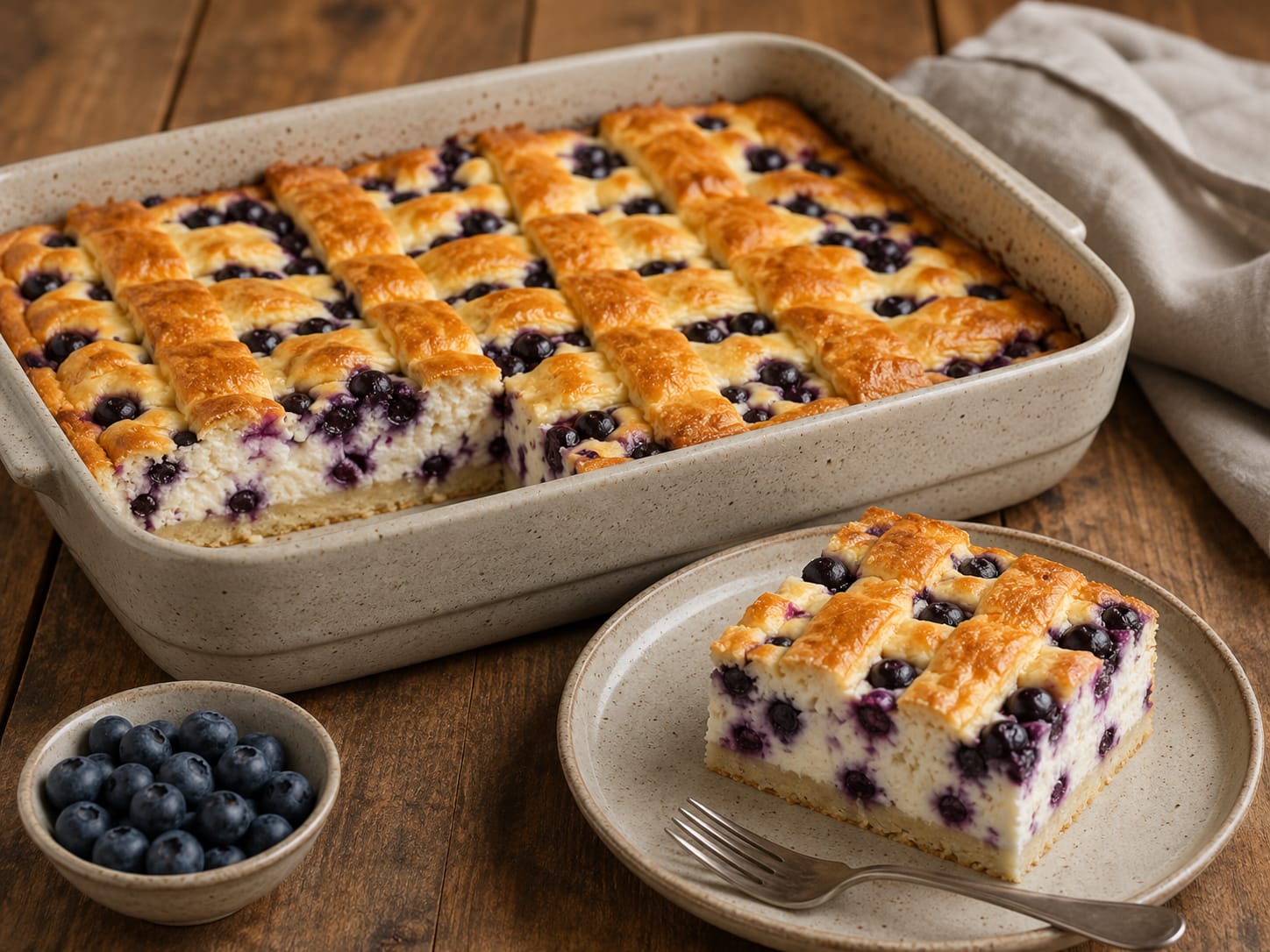 Blaubeer-Quark-Gitterkuchen in heller cremefarbener Keramikform mit cremiger Quarkfüllung, ganzen Blaubeeren und goldbraunen Teigstreifen