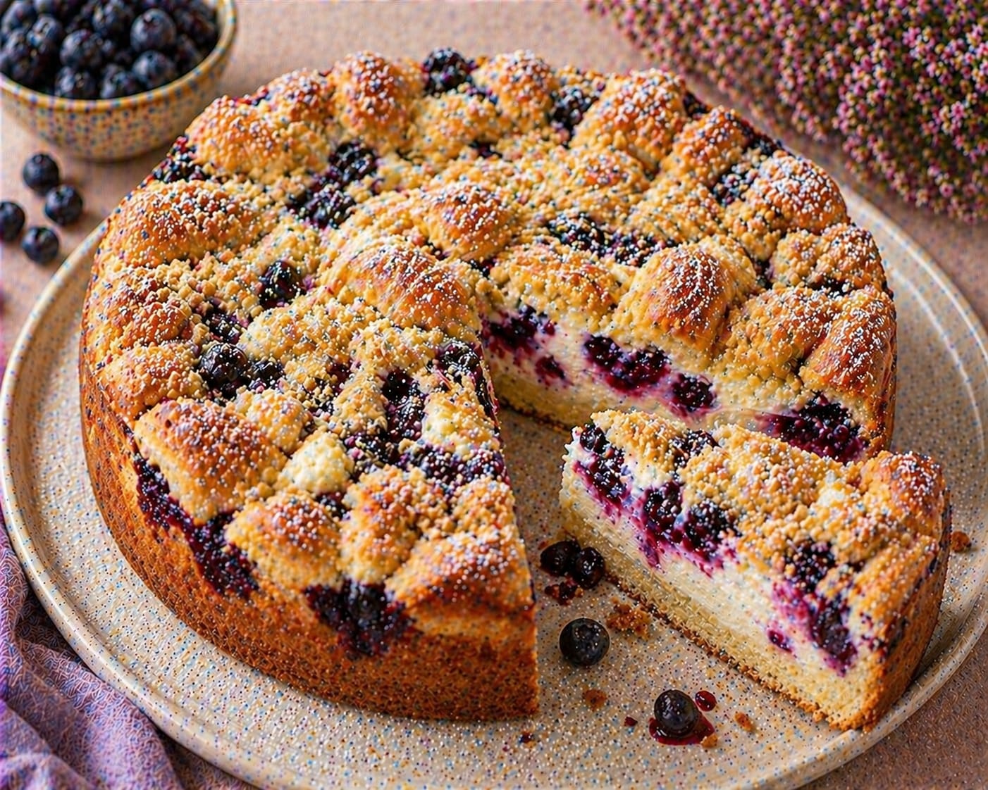 Hoher Blaubeer-Quark-Streuselkuchen mit cremiger heller Füllung, Blaubeeren, goldbraunen Streuseln und feinem Puderzucker