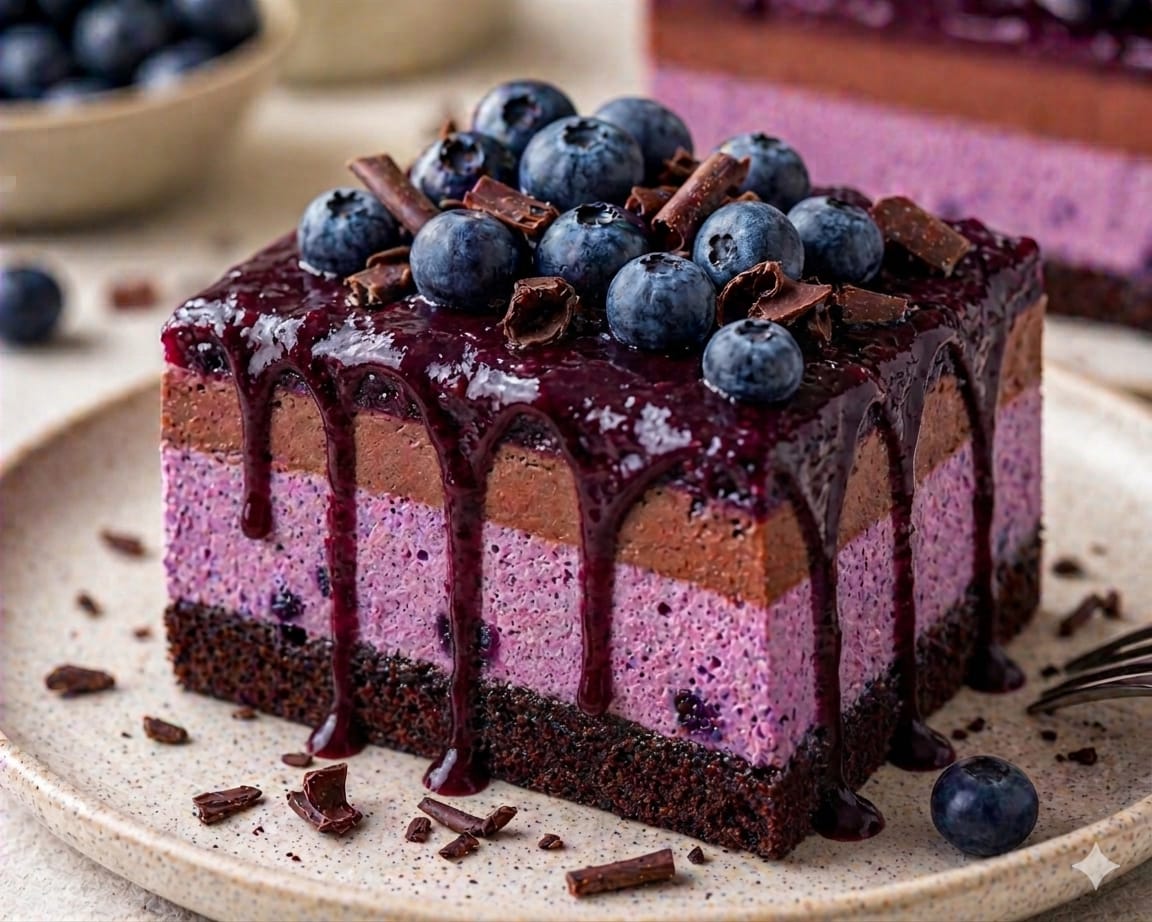 Hohe Blaubeer-Schoko-Mousse-Schnitten mit dunklem Schokoboden, violetter Blaubeermousse mit ganzen Beeren, heller Schokomousse in weichen Bögen, fruchtigem Blaubeerguss und frischen Blaubeeren