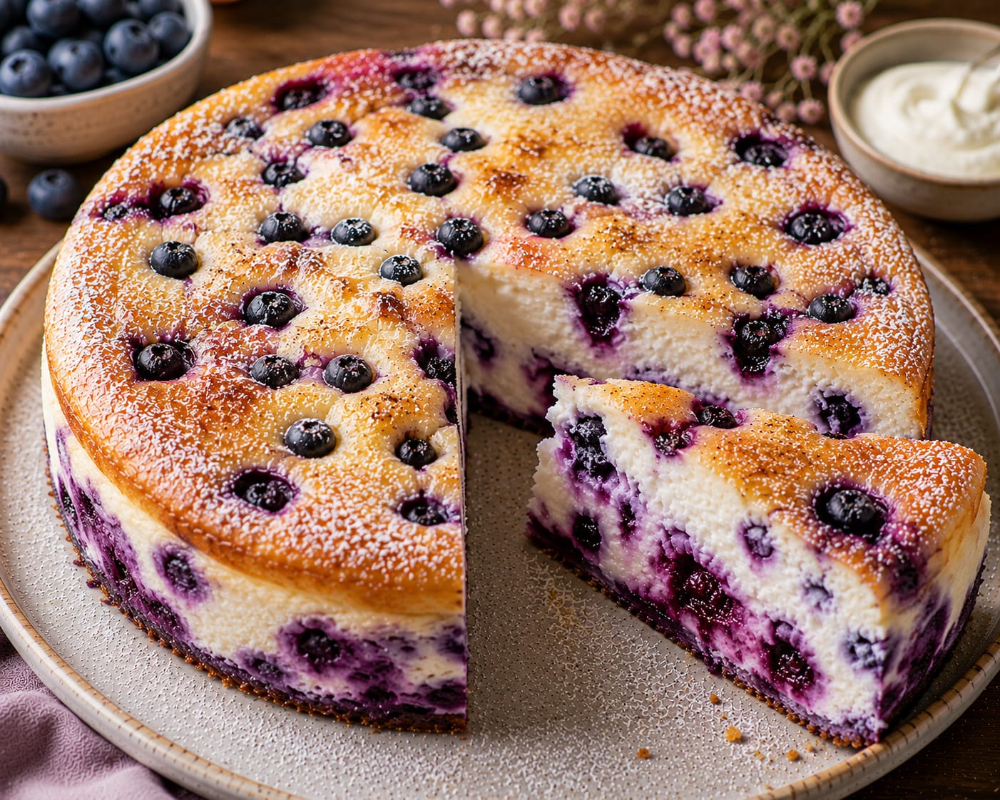 Hoher Blaubeer-Vanille-Quark-Cheesecake mit dünnem dunklem Keksboden, goldbrauner Oberfläche, Blaubeeren und feinem Puderzucker