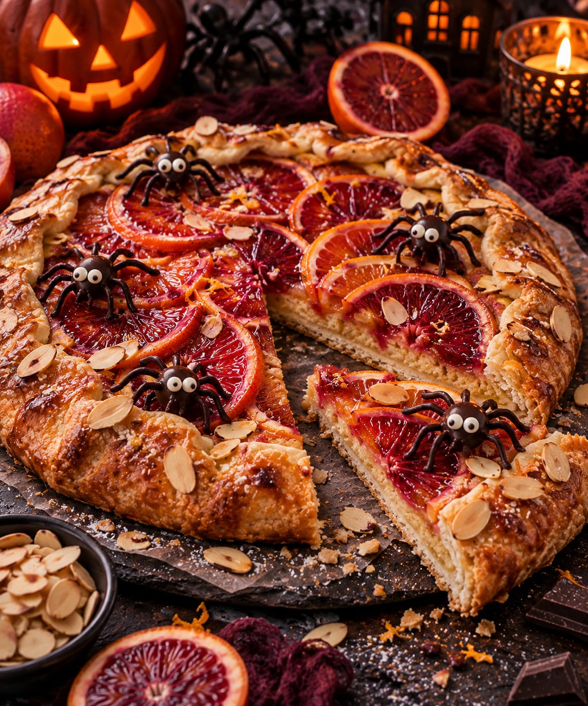 Blutorangen-Mandel-Spinnen-Galette mit rotem Blutorangenbelag, goldbraunem Mandelrand und fünf kleinen Schokoladenspinnen