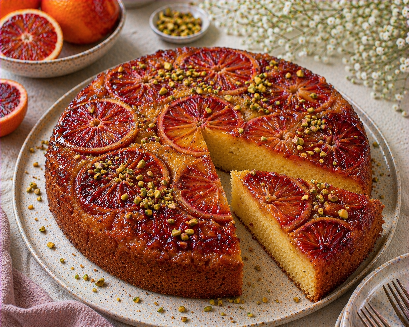 Blutorangen-Upside-Down-Kuchen mit karamellisierten Blutorangenscheiben, goldgelbem Anschnitt und gehackten Pistazien