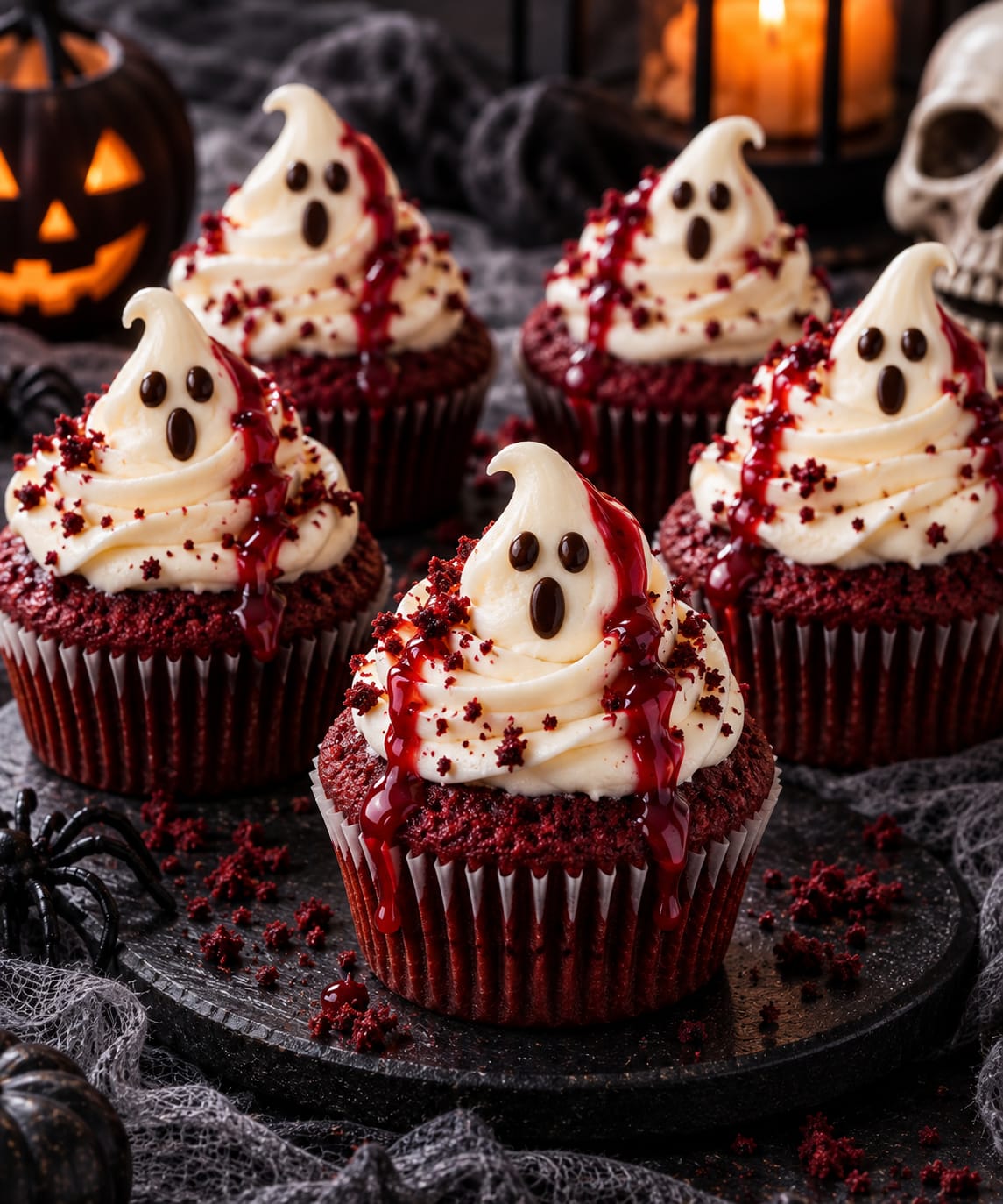 Blutrote Samt-Cupcakes in dunklen Papierförmchen mit hohen weißen Vanille-Geistern, rubinroter Himbeersauce, Schokoladengesichtern und roten Samtkrümeln
