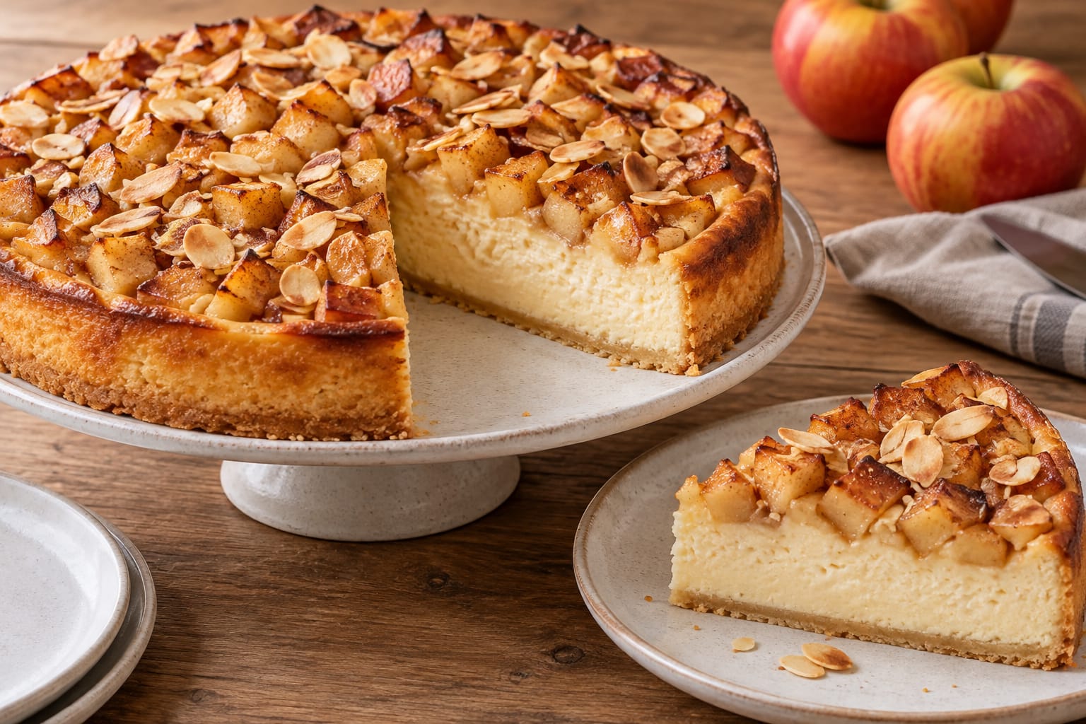 Bratapfel-Käsekuchen mit cremiger heller Käsekuchenfüllung, gebräunten Apfelwürfeln und gerösteten Mandelblättchen