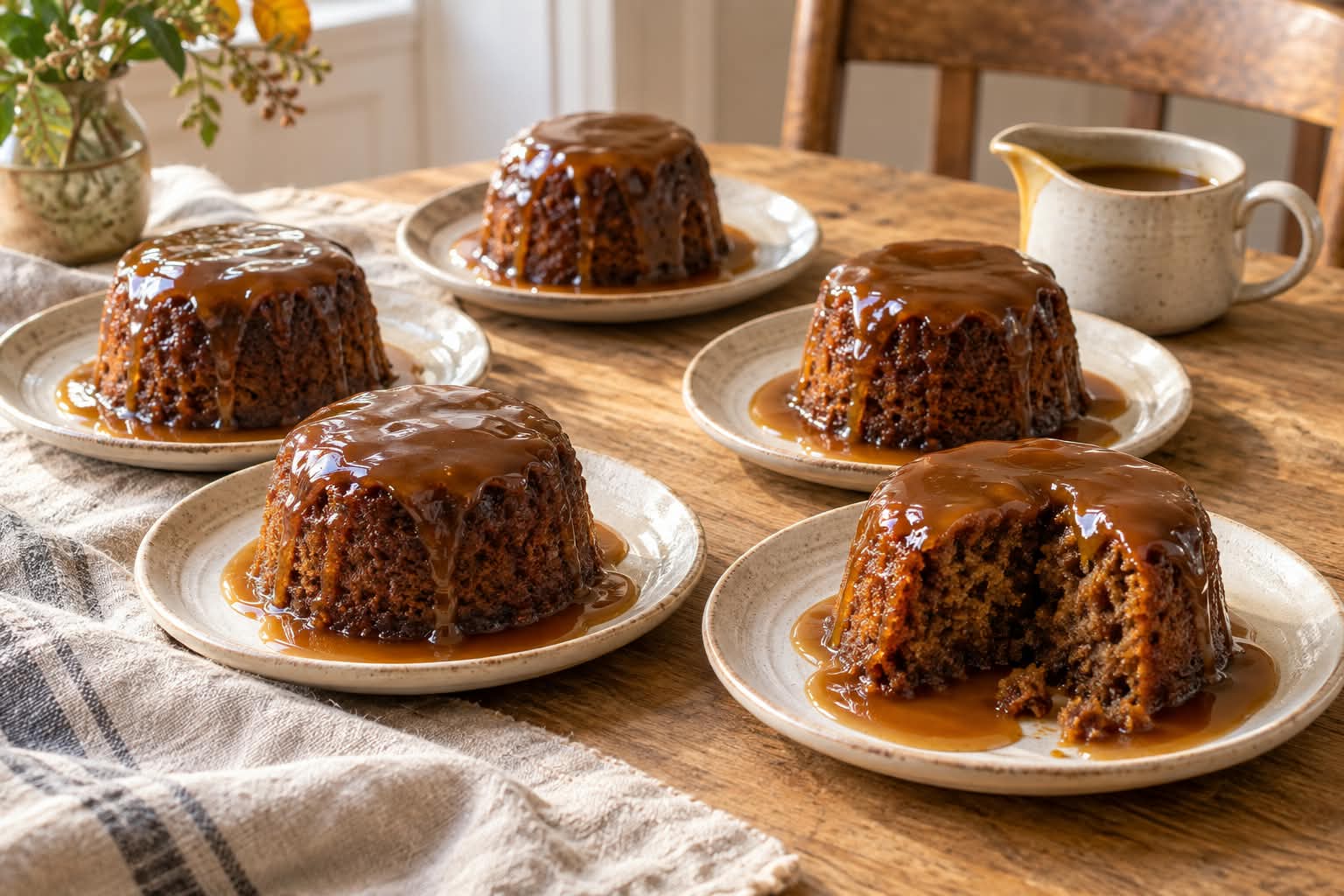 Mehrere warme Sticky-Toffee-Puddings mit glänzender Toffeesoße auf Desserttellern