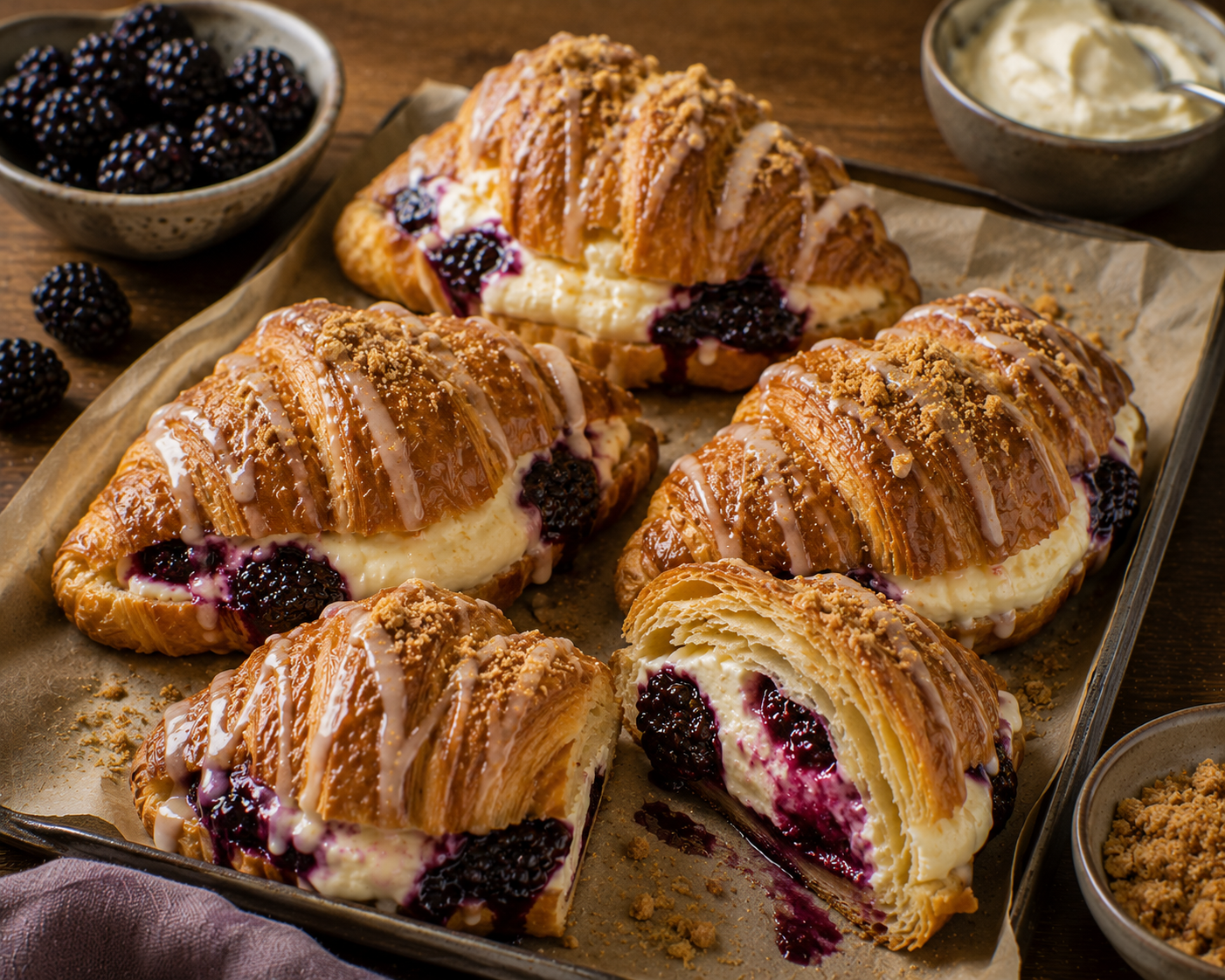 Brombeer-Cheesecake-Croissants mit heller Cheesecake-Creme, dunklen Brombeeren, Vanilleguss und Karamellkeksbröseln