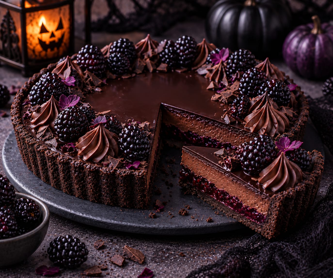 Dunkle Brombeer-Schoko-Tarte mit Kakaoboden, violett-roter Brombeerschicht, Schokoladencreme, glatter Ganache, Brombeeren und Schokotupfen.