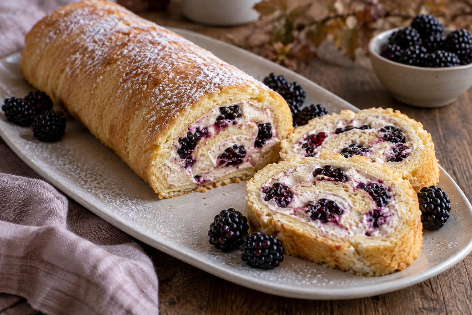Goldbraune Brombeer-Zimt-Biskuitrolle mit heller Zimtcreme, frischen Brombeeren und Puderzucker