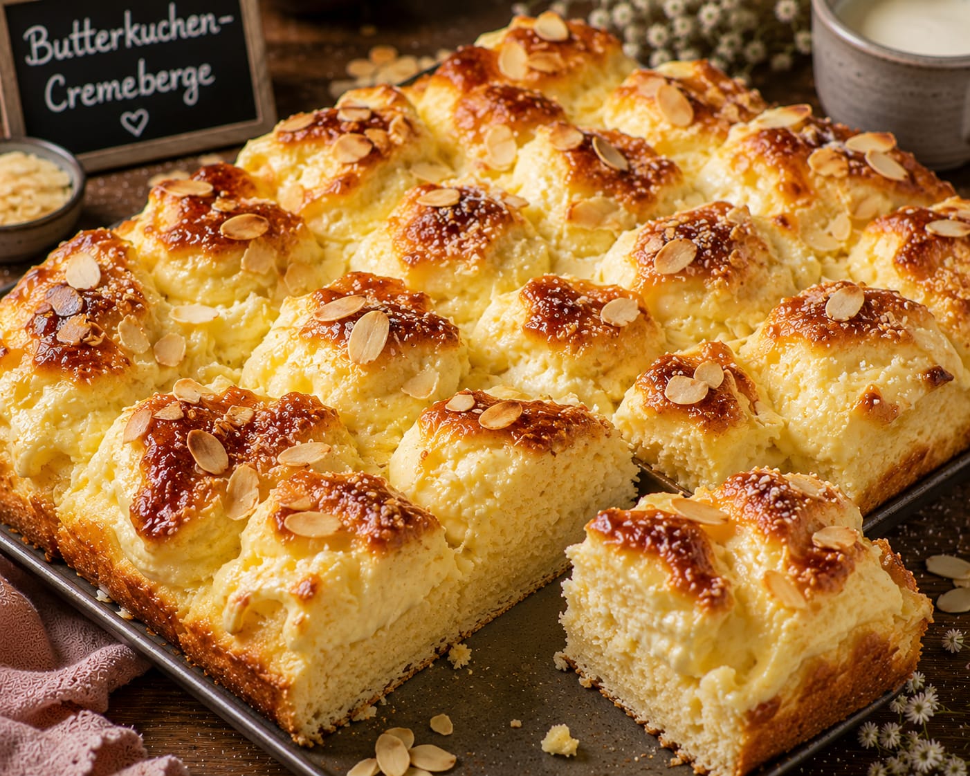 Butterkuchen-Cremeberge vom Blech mit Vanillecreme, Mandelblättchen und goldbrauner Oberfläche