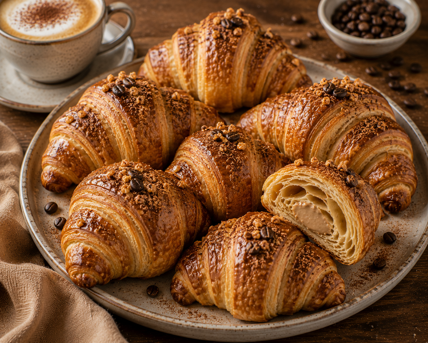 Cappuccino Butterhörnchen mit blättrigem Butterteig, Cappuccino-Creme, Krokant und Kaffeebohnen
