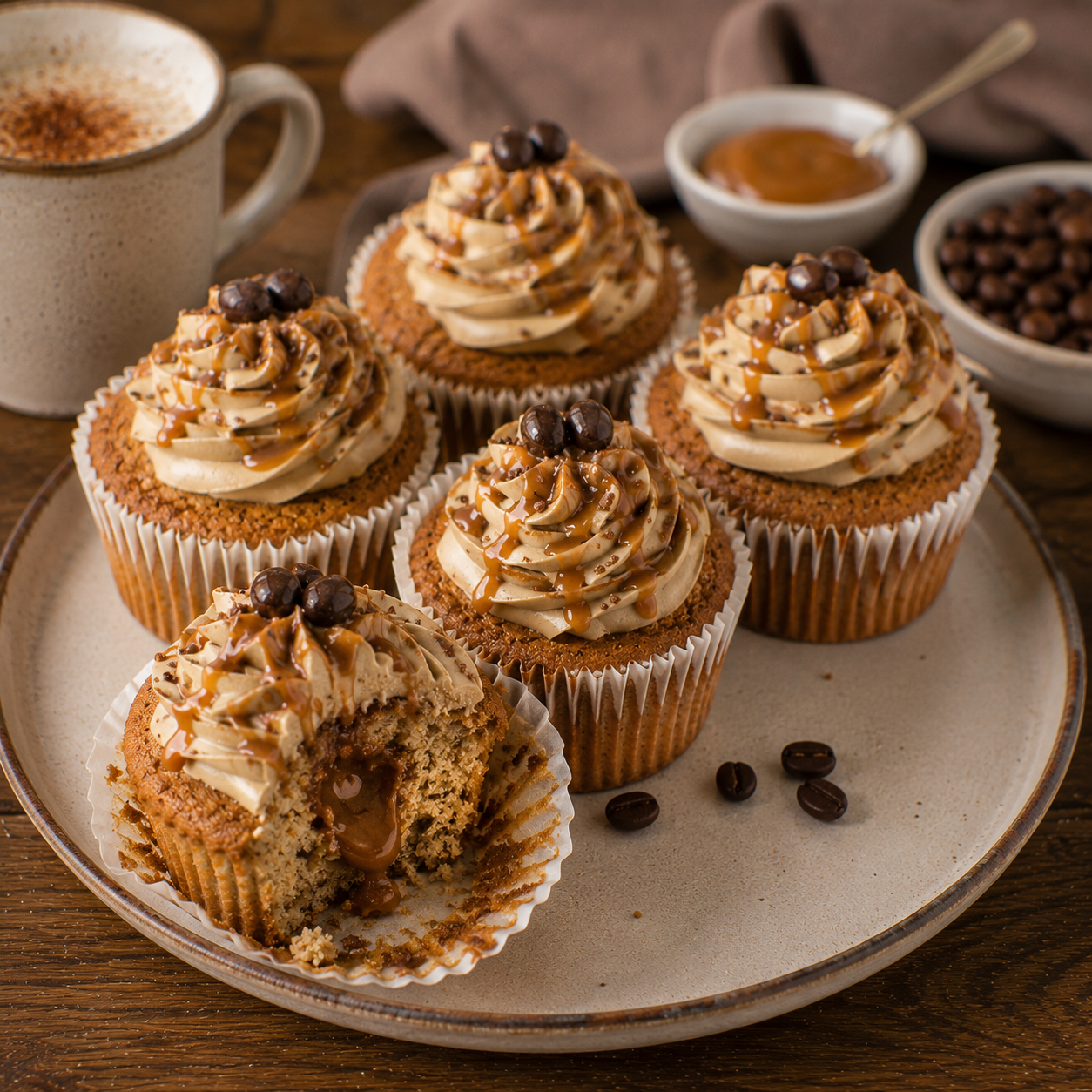 Cappuccino-Karamell-Muffins mit Cappuccino-Creme, Karamellkern, Karamell-Drizzle und Schoko-Kaffeebohnen