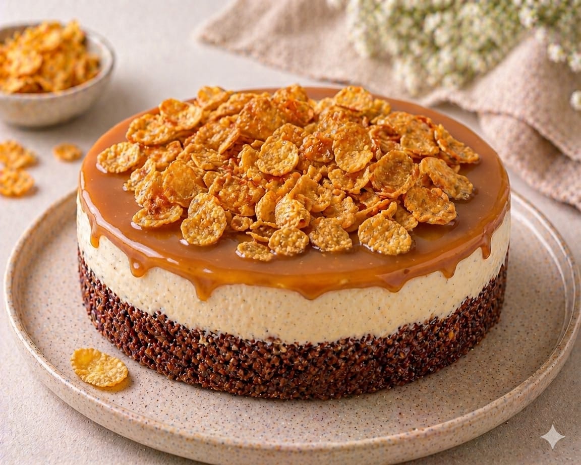 Caramel-Cornflakes-Cheesecake mit dunklem Schoko-Knusperboden, Vanille-Cheesecake-Creme, Karamellspiegel und karamellisierten Cornflakes