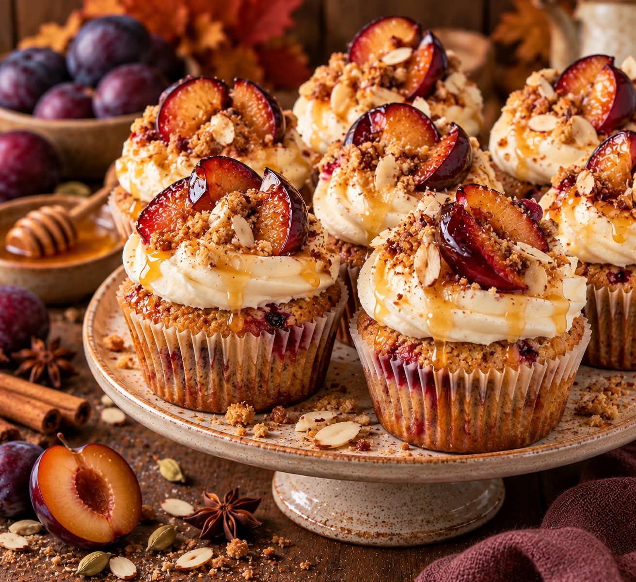 Herbstliche Chai-Pflaumen-Cupcakes mit heller Frischkäsehaube, karamellisierten Pflaumenspalten, Mandel-Chai-Crunch und glänzendem Honigdrip