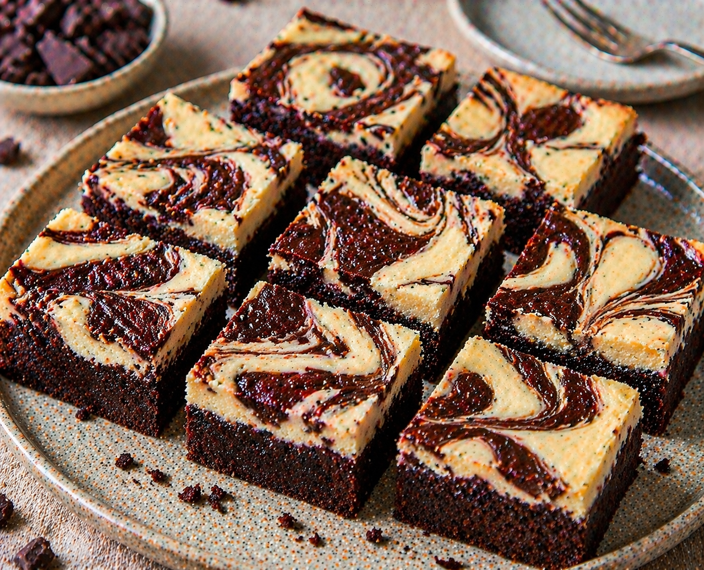 Cheesecake-Brownies mit dunklem Brownie-Boden, heller Cheesecake-Schicht und Schoko-Swirl