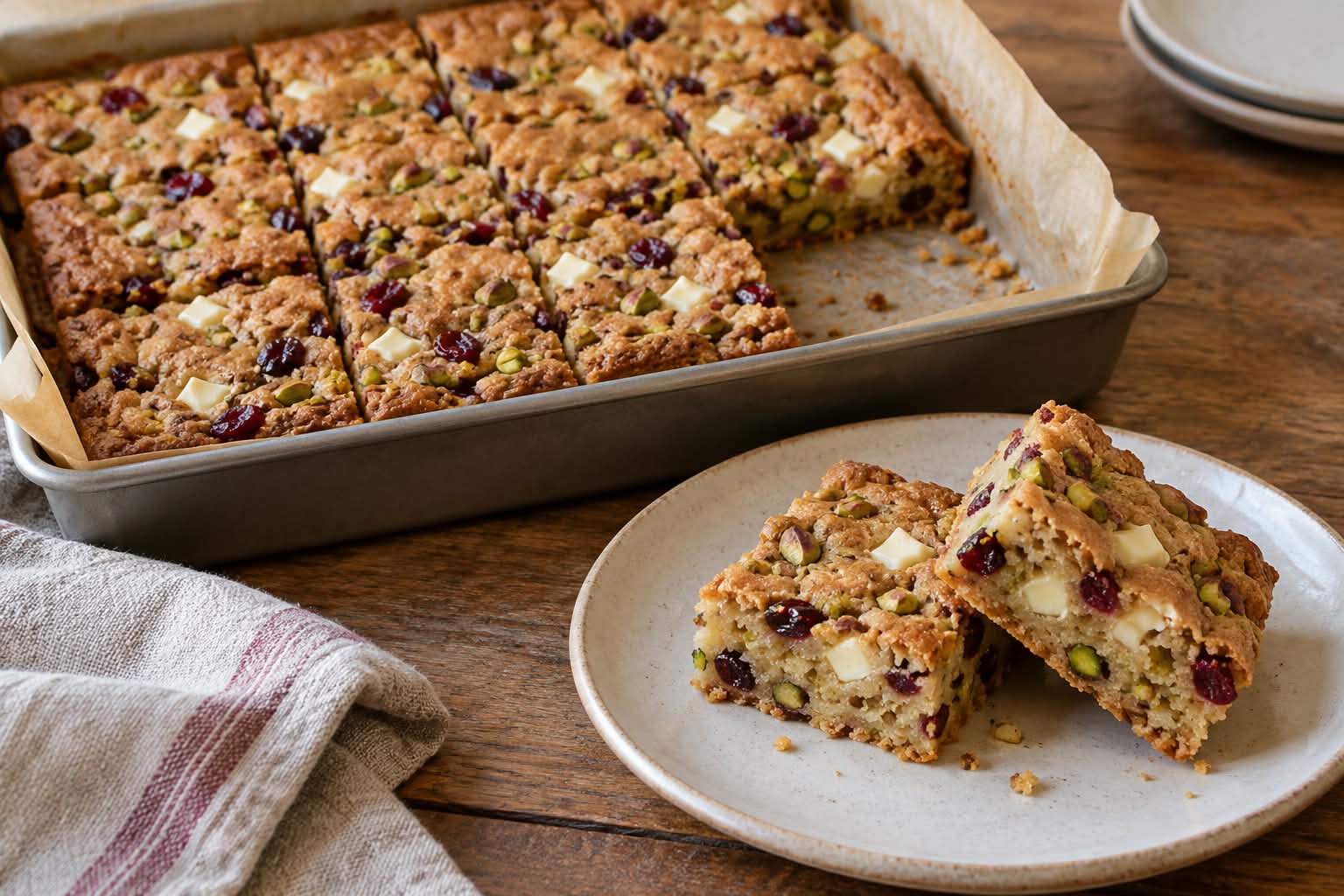 Goldbraune Cranberry-Pistazien-Blondies mit roten Cranberrys, grünen Pistazien und weißen Schokoladenstücken