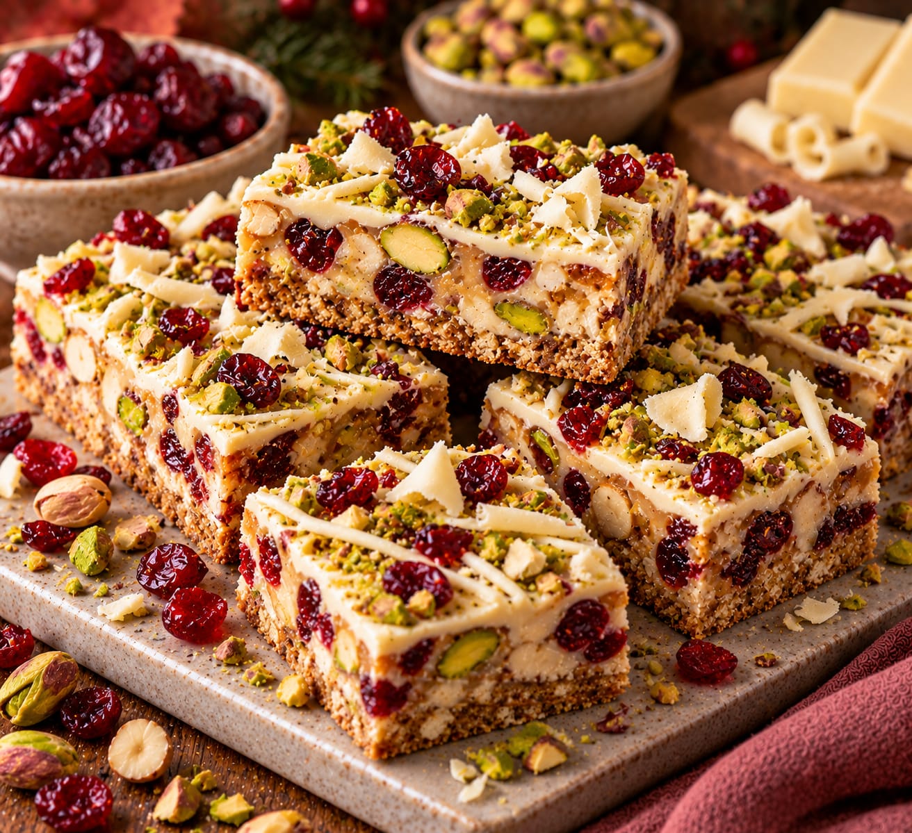Quadratische Cranberry-Pistazien-Nougat-Bars mit knusprigem braunem Mandel-Hafer-Boden und cremiger heller Nougatschicht. Im Anschnitt sind ganze grüne Pistazien und rote Cranberries zu erkennen. Die weiße Schokoladenganache ist mit gehackten Pistazien, Cranberries, weißen Schokoladenspänen und feinen Schokoladenlinien verziert.