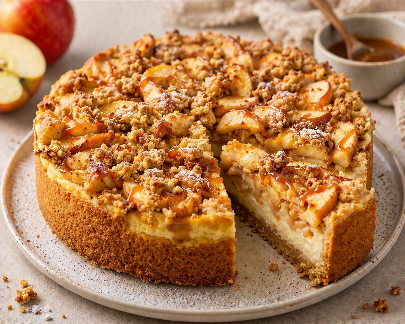 Cremiger Apfel-Streusel-Cheesecake mit hohem Mürbeteigrand, heller Cheesecake-Füllung, rotbackigen Apfelspalten, groben Butterstreuseln und glänzenden Karamelllinien
