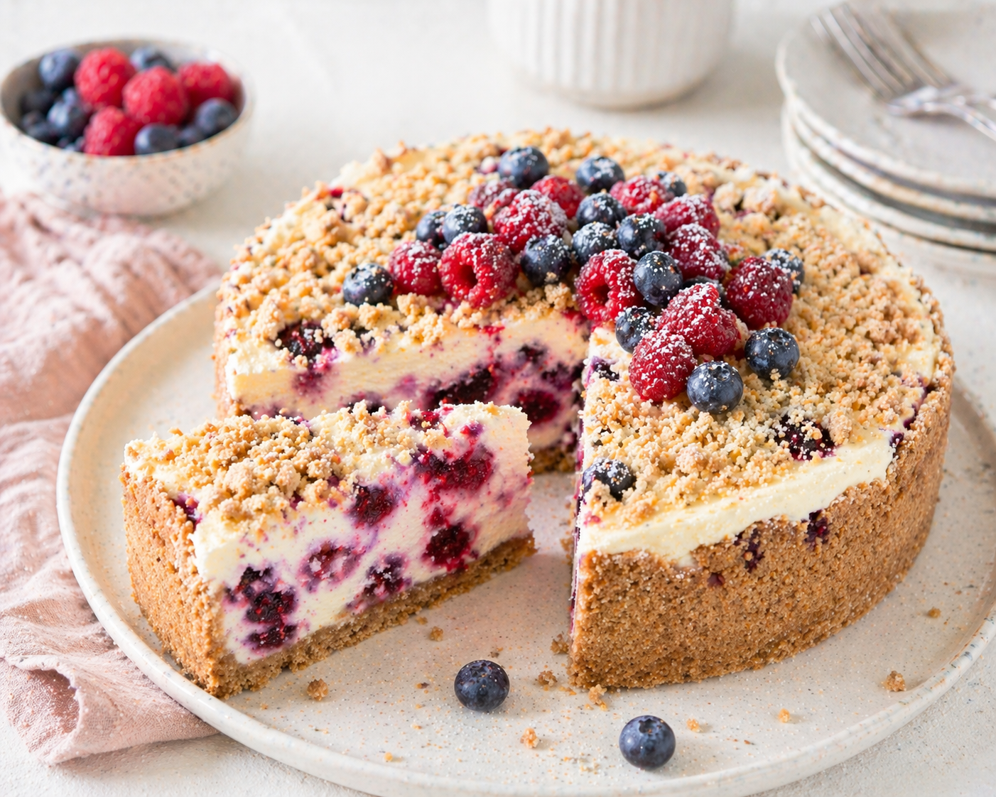 Cremiger Beeren-Cheesecake mit hohem Mandel-Mürbeteigrand, heller Füllung, Himbeeren, Blaubeeren, feinen Streuseln und frischen Beeren
