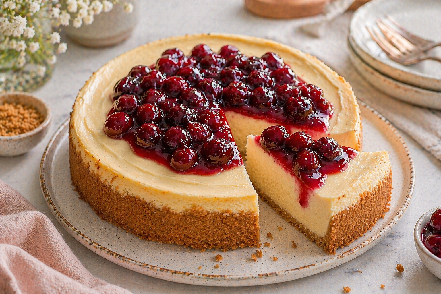 Cremiger Kirsch Cheesecake mit glänzendem Kirsch-Topping auf heller Tortenplatte im femininen Foodblog-Stil