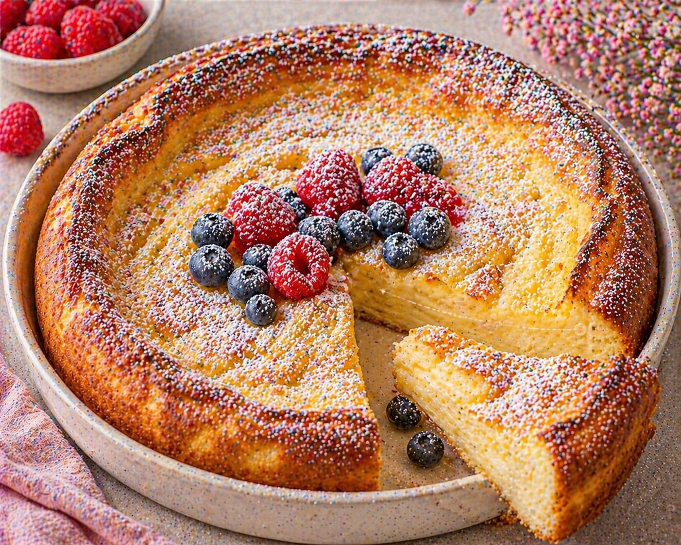 Cremiger Quark-Grieß-Auflaufkuchen mit goldbraunem Rand, heller saftiger Mitte, Puderzucker, Himbeeren und Heidelbeeren