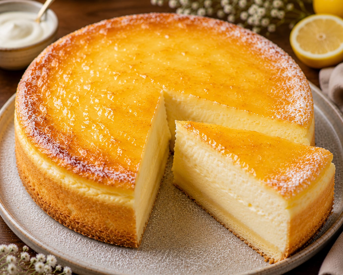 Cremiger Zitronen-Cheesecake mit dünnem hellem Boden, hoher cremiger Füllung, gebräunter Außenkante und glänzendem Zitronenspiegel