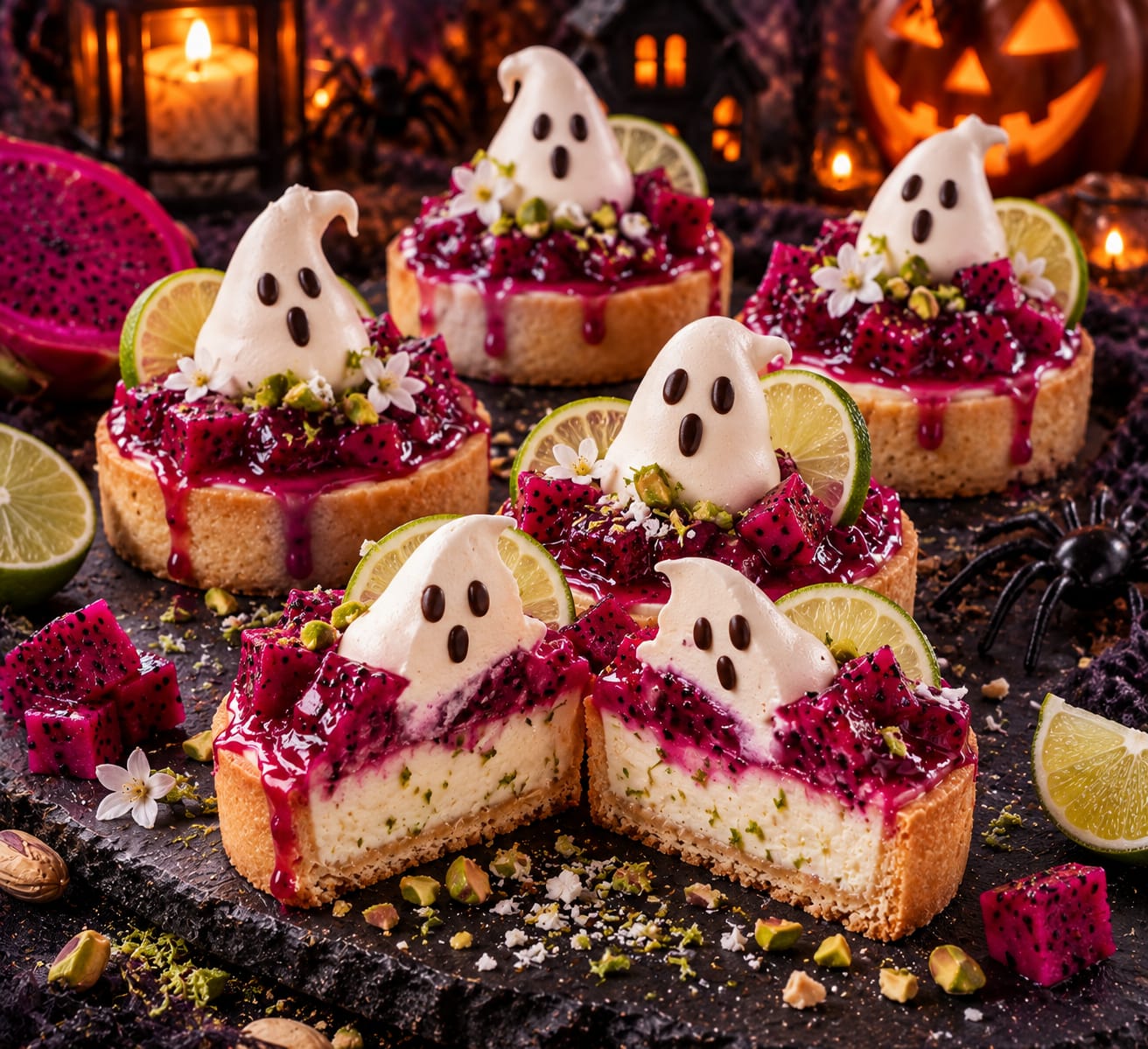 Sechs Drachenfrucht-Limetten-Geister-Törtchen mit pinker Drachenfrucht, weißen Baisergeistern, Limettenscheiben, Pistazien und kleinen weißen Blüten