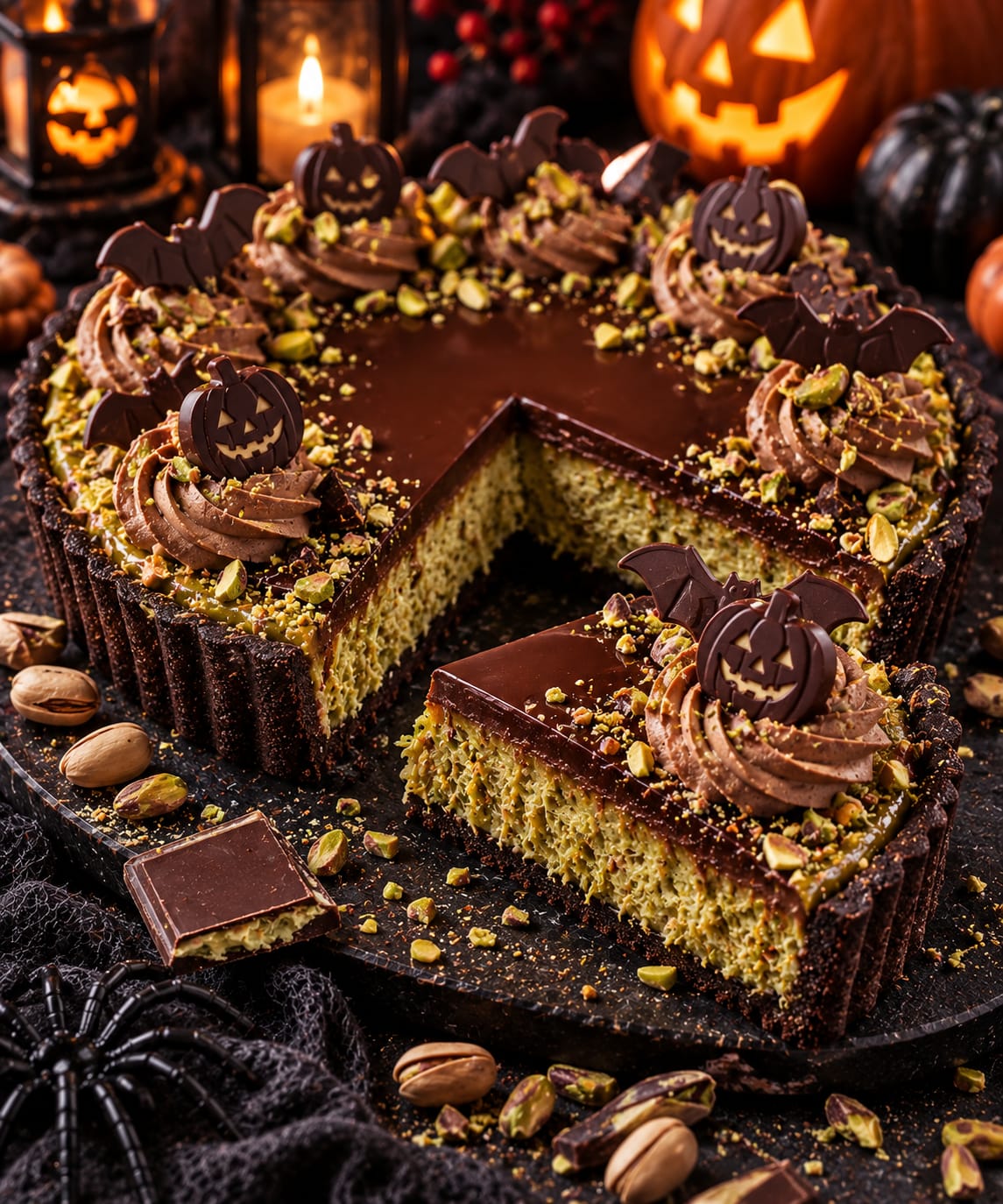 Dunkle Halloween-Tarte mit hoher grüner Pistazien-Kadayif-Füllung, mittiger glänzender Schokoganache, Schoko-Creme-Tupfen, Pistazien sowie Fledermäusen und Kürbissen aus Schokolade