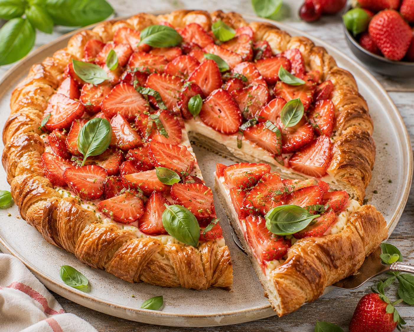 Erdbeer-Basilikum-Croissanttarte mit hohem goldbraunem Croissantrand, gebackener Vanillecreme, frischen Erdbeeren und Basilikum
