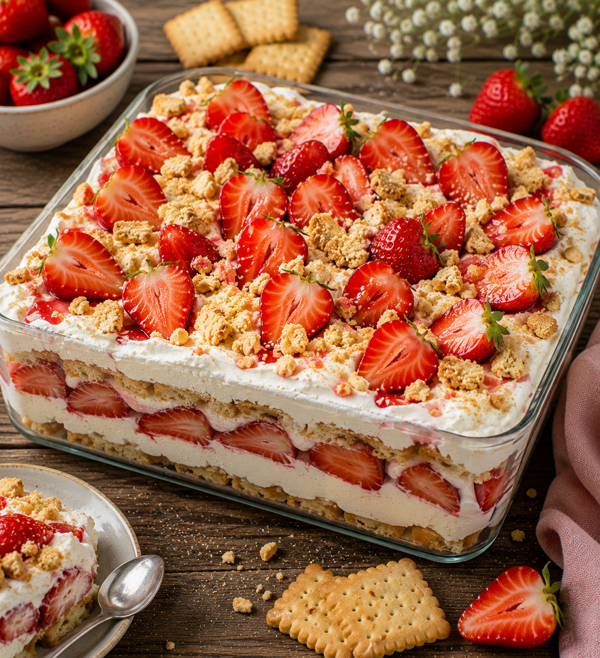 Erdbeer-Butterkeks-Cremetraum in einer rechteckigen Glasform mit Vanillecreme, frischen Erdbeeren und Butterkeks-Crunch