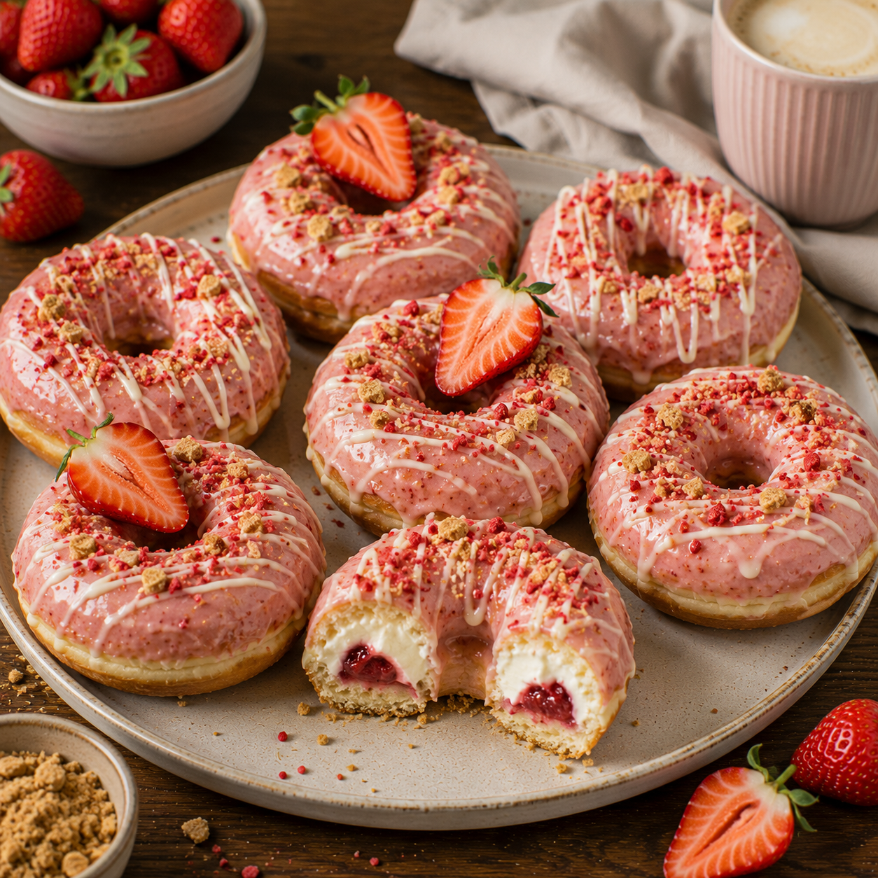 Erdbeer-Cheesecake-Donuts mit rosa Erdbeerglasur, weißer Schokolade, Erdbeerbröseln und Butterkeks-Crunch