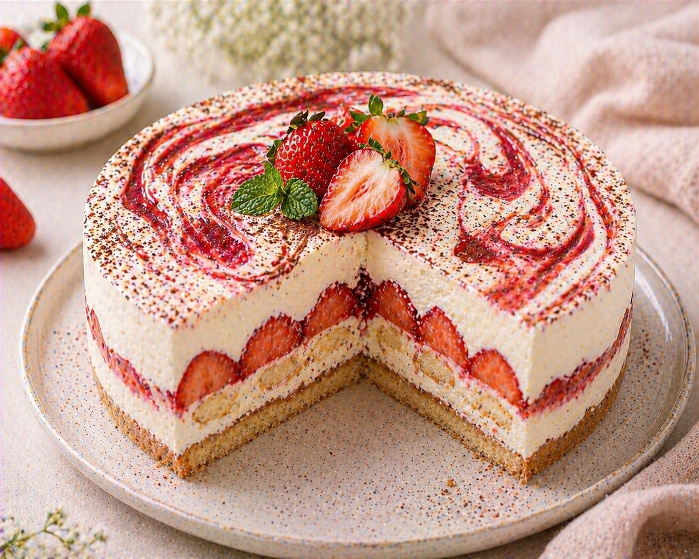 Hoher Erdbeer-Cheesecake mit Biskuitboden, Erdbeerreihe, Erdbeer-Swirl, Kakao-Finish, frischen Erdbeeren und Minze