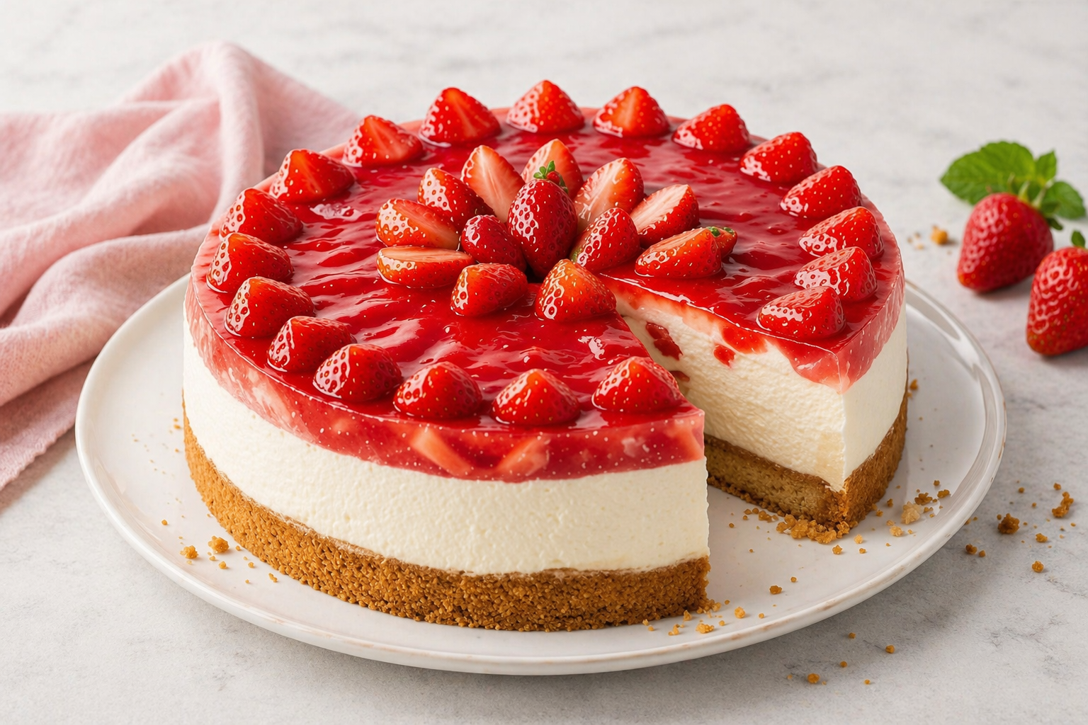 Angeschnittener Erdbeer-Cheesecake mit kräftig goldbraunem Nuss-Rührteigboden, hoher heller Creme, glänzender roter Erdbeerschicht und frischen Erdbeeren