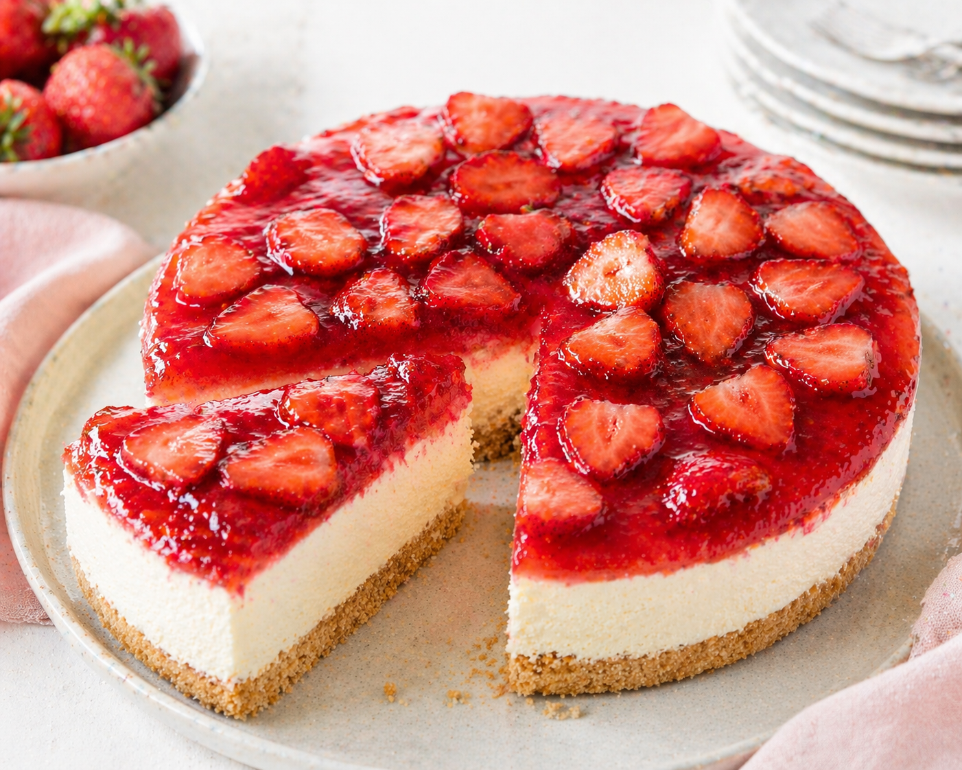 Erdbeer-Cheesecake ohne Backen mit dünnem Keksboden, hoher heller Creme und glänzendem Erdbeer-Topping