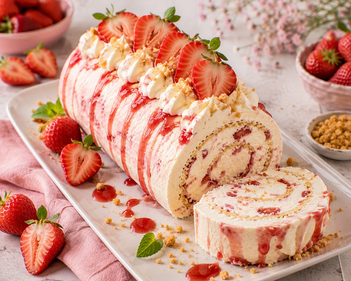 Erdbeer-Cheesecake-Rolle mit Kekscrunch, Erdbeersauce, Cremetupfen und frischen Erdbeeren
