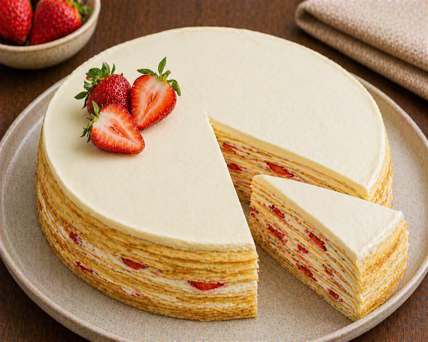 Hohe Erdbeer-Crêpe-Torte mit vielen feinen Crêpe-Schichten, heller Vanillecreme und frischen Erdbeeren