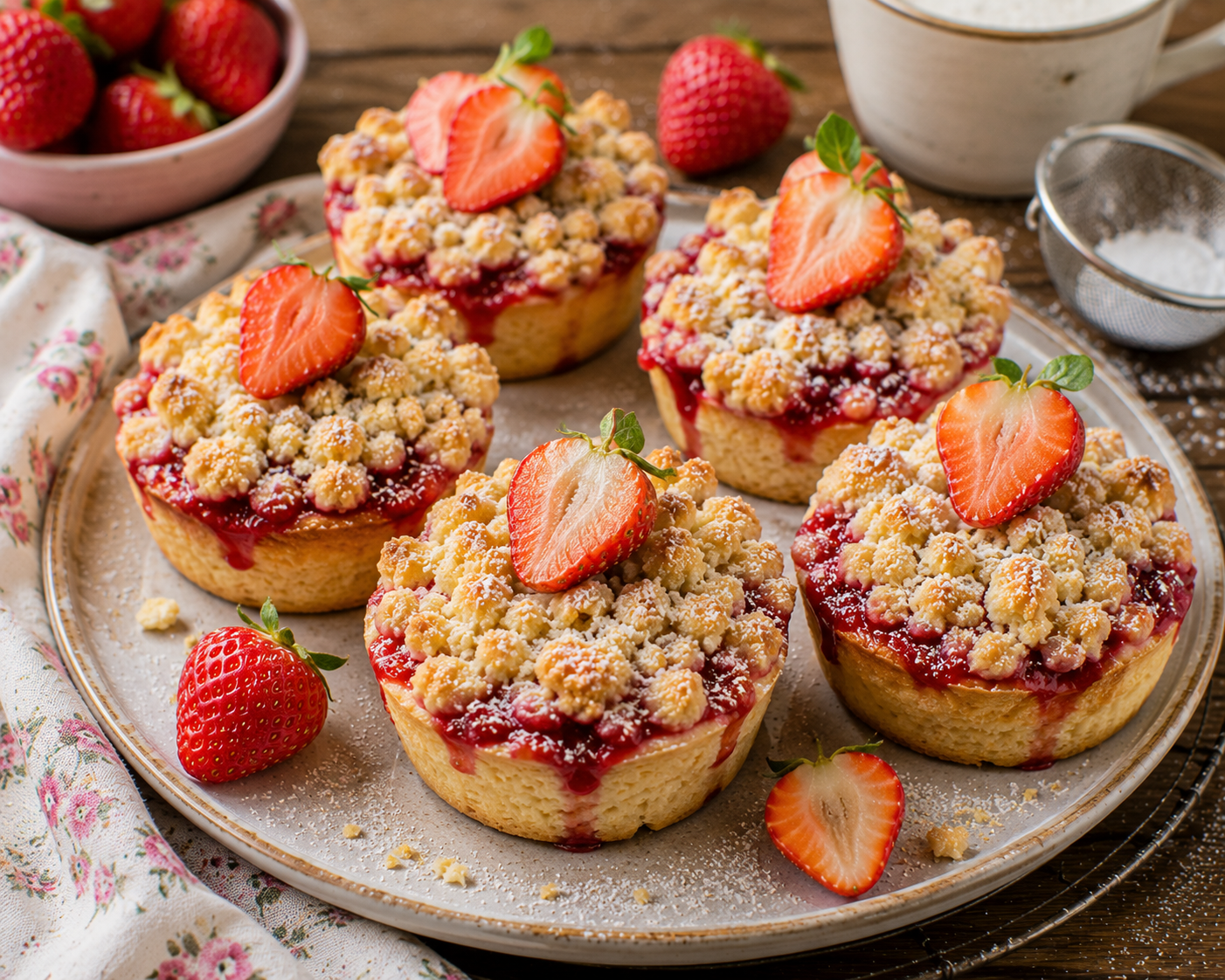 Fünf Erdbeer Crumble Törtchen mit Mürbeteig, roter Erdbeerfüllung, goldenen Butterstreuseln, Puderzucker und frischen Erdbeerhälften