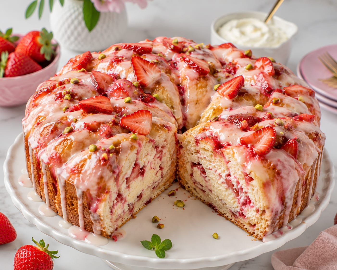 Hoher Erdbeer-Frischkäse-Hefekranz mit hellrosa Guss, weißen Linien, frischen Erdbeeren und Pistazien