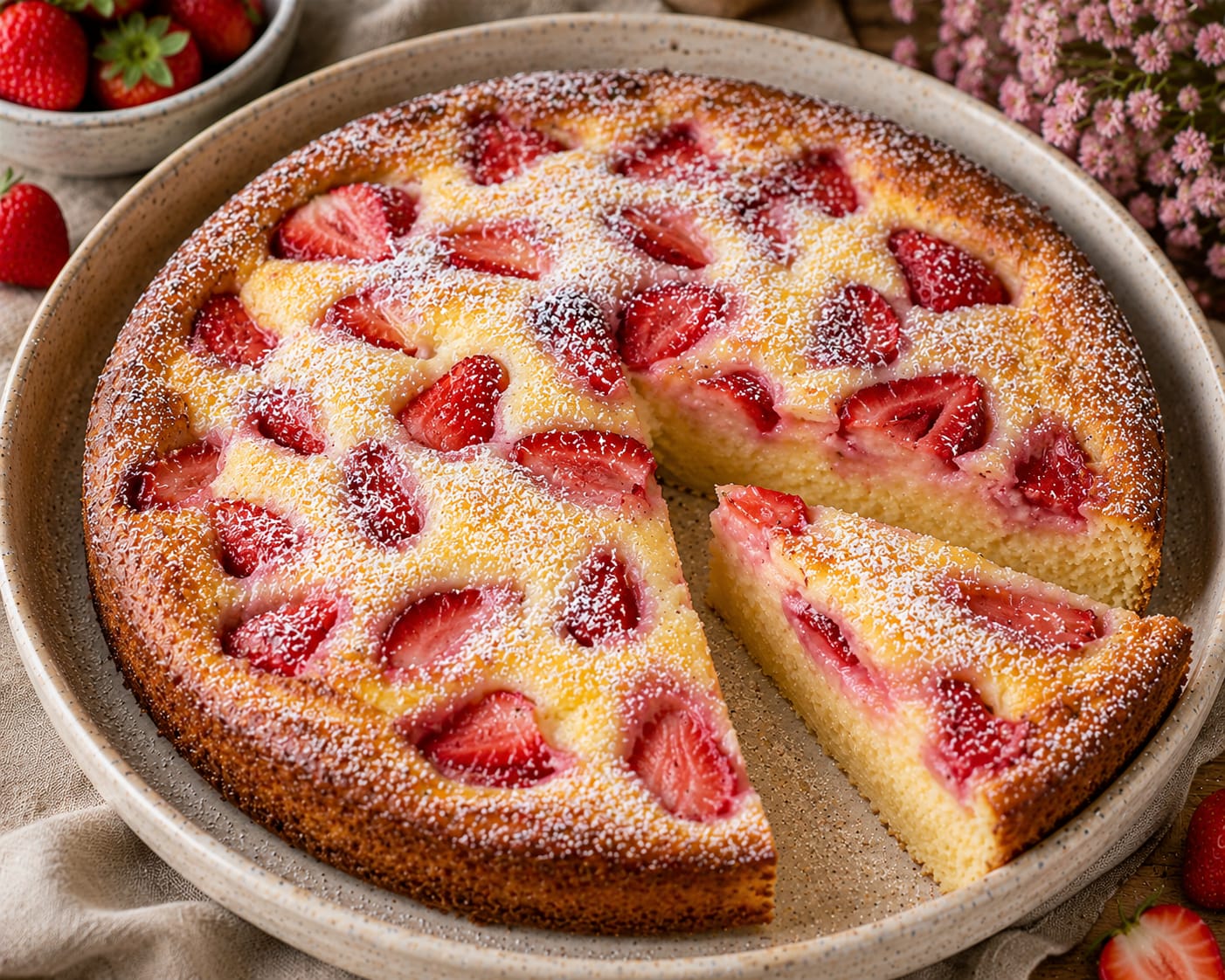 Erdbeer-Grieß-Joghurt-Kuchen mit eingebackenen Erdbeeren, goldbraunem Rand und feinem Puderzucker