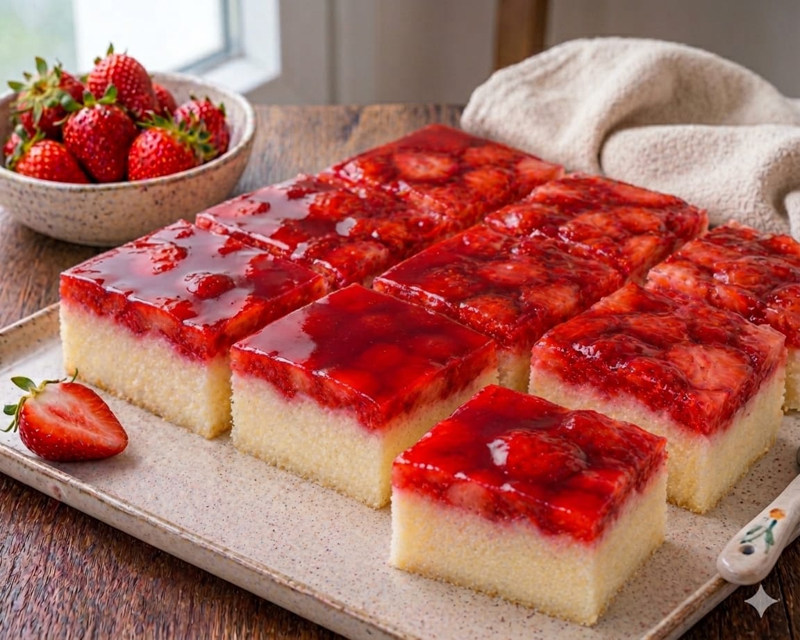 Erdbeer-Grießkuchen-Schnitten mit hohem hellem Grießboden, sichtbaren Erdbeerstücken und glänzendem rotem Fruchtguss