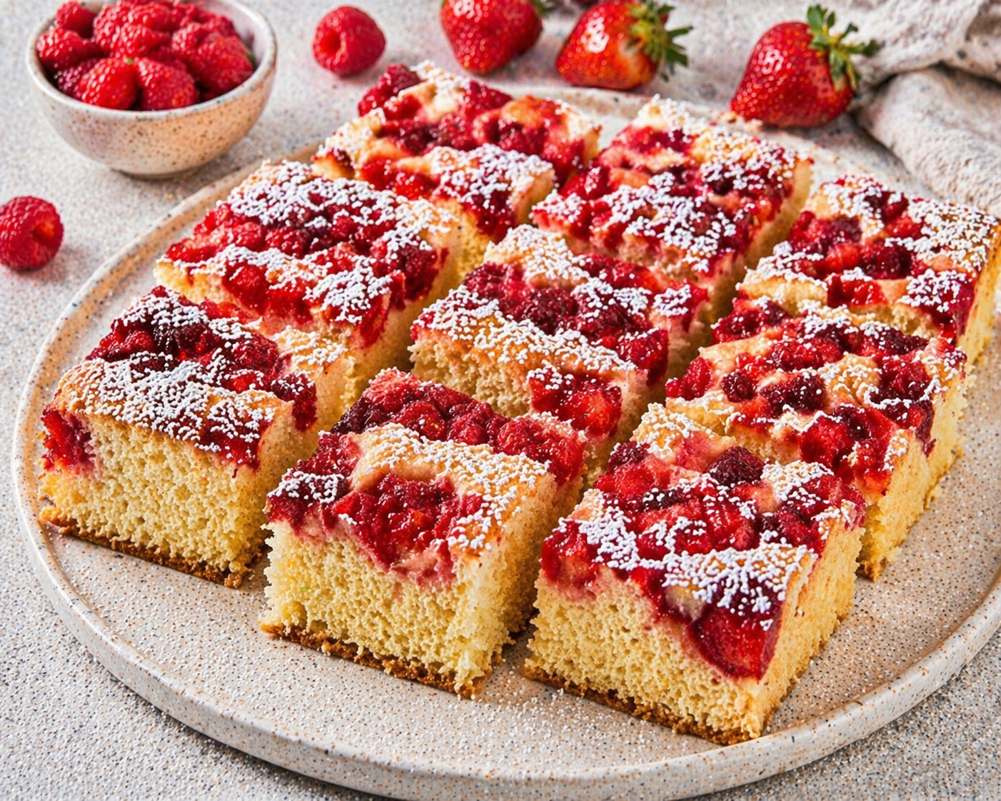 Hohe Erdbeer-Himbeer-Schnitten mit sichtbaren Beeren und feinem Puderzucker