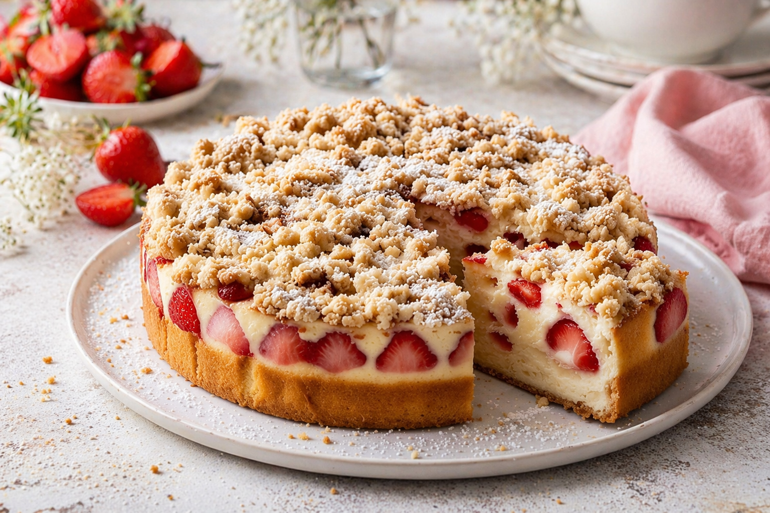 Erdbeer-Käsekuchen mit heller Käsefüllung, sichtbaren Erdbeeren, üppigen Streuseln und Puderzucker