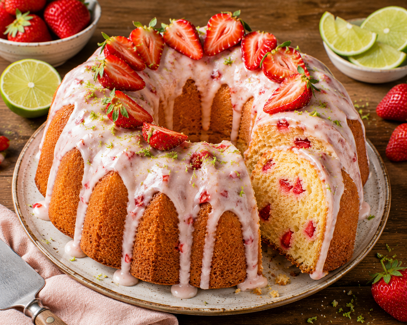 Hoher Erdbeer-Limetten-Gugelhupf mit rosa Erdbeer-Limetten-Guss, frischen Erdbeerhälften und Limettenabrieb