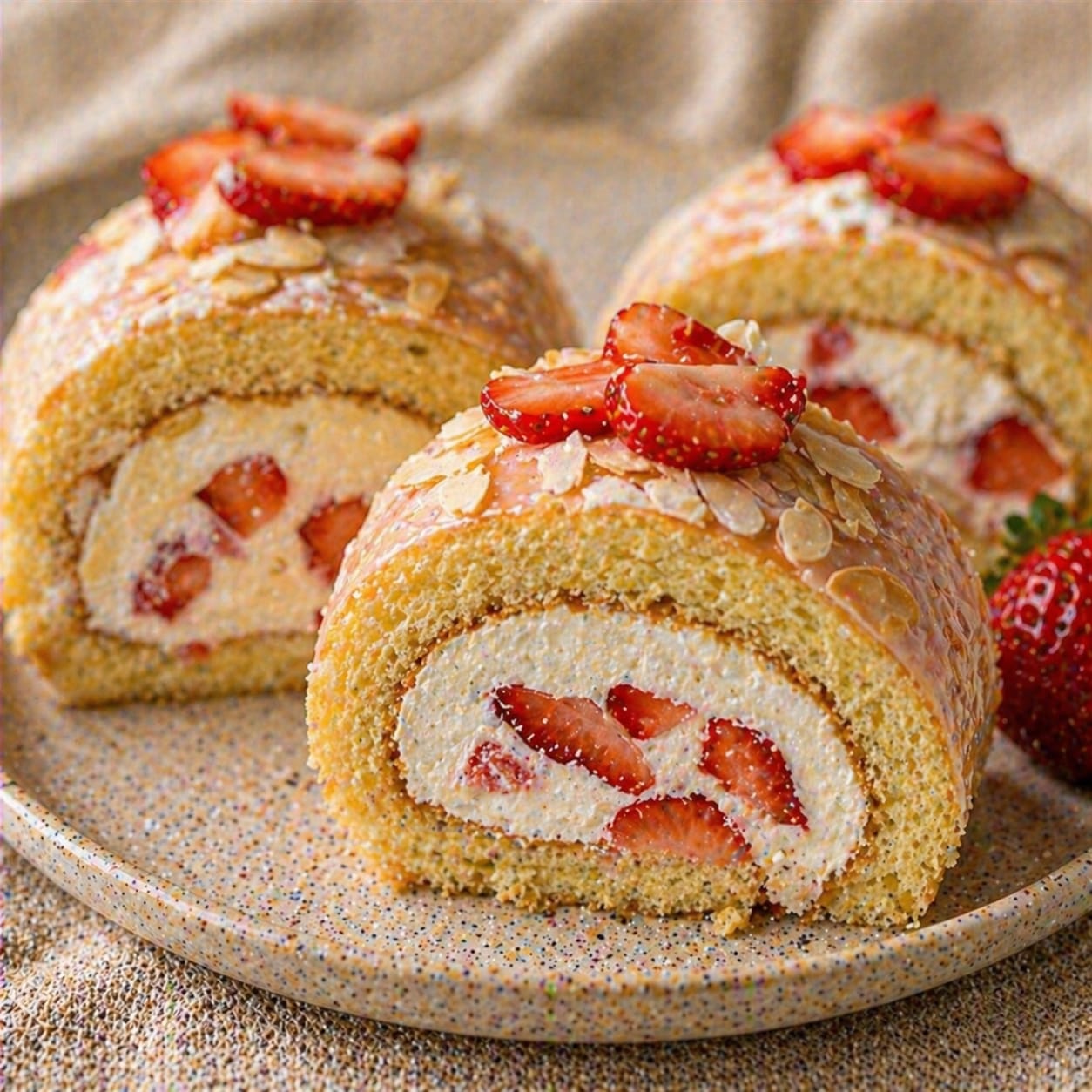 Erdbeer-Mandel-Biskuitrolle mit heller Vanillecreme, sichtbaren Erdbeerstücken, Mandelblättchen und Erdbeerscheiben