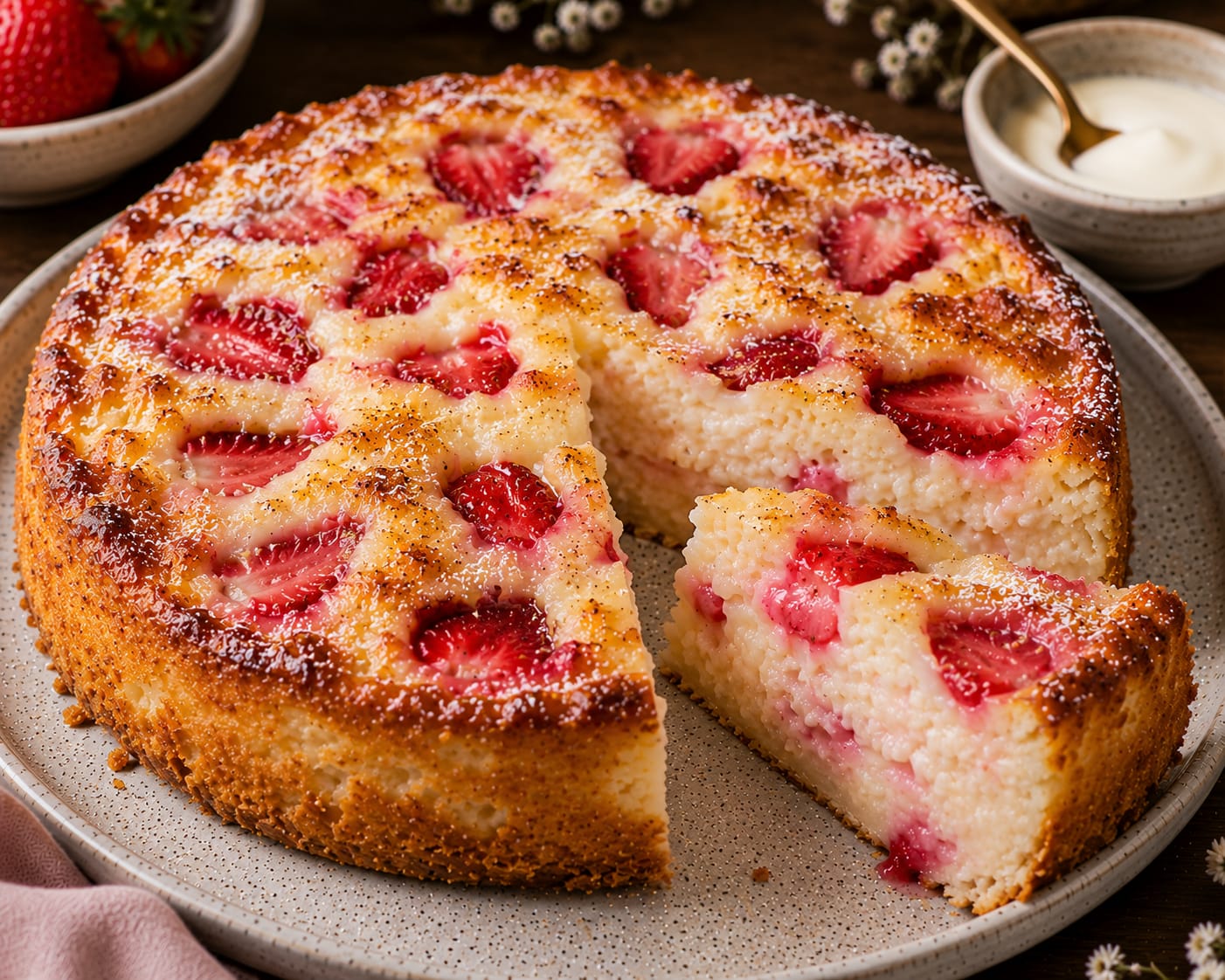 Hoher Erdbeer-Milchreiskuchen mit cremiger gebackener Milchreismasse, sichtbaren Reiskörnern, vielen Erdbeeren und goldbrauner Oberfläche