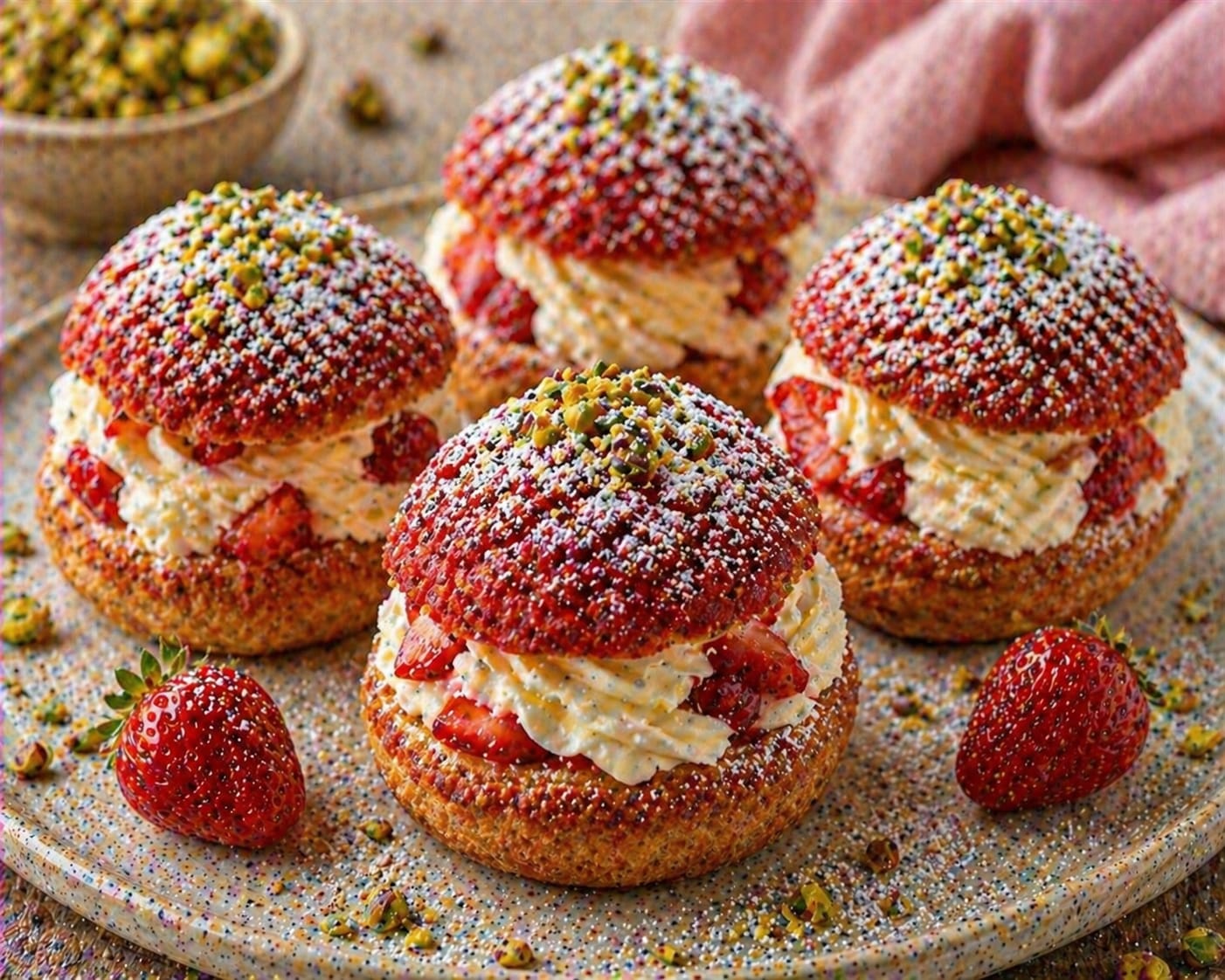 Erdbeer-Pistazien-Brandteig-Törtchen mit heller Vanillecreme, frischen Erdbeeren, rotem Erdbeer-Finish, Puderzucker und gehackten Pistazien